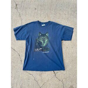 Vintage 90's Colorado Wolf Navy Blue Graphic Animal Tee T-Shirt Size Large